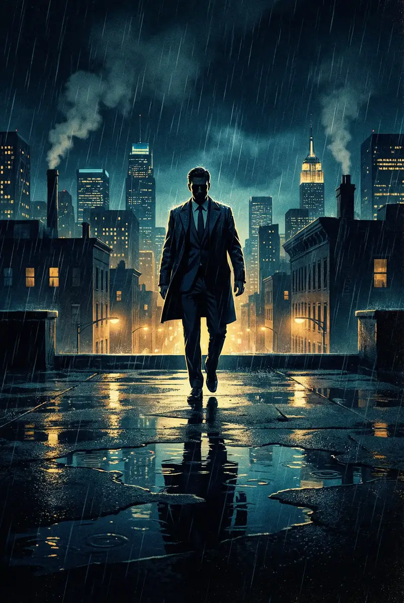 习呆呆 出品影片《雨夜独行者》海报，雨中城市屋顶男性剪影